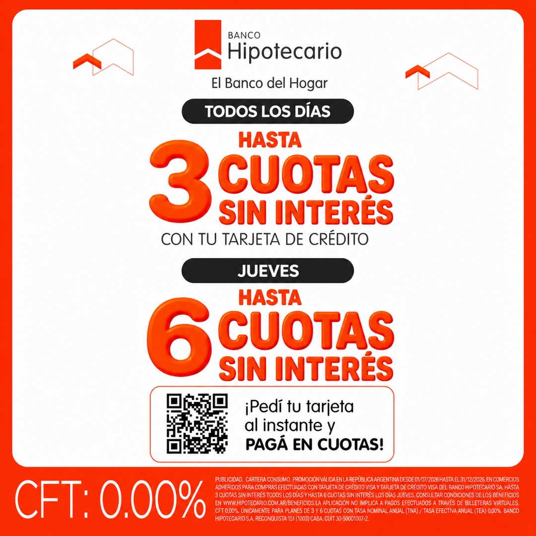 Banco Hipotecario: 3 cuotas todos los días y 6 cuotas los jueves
